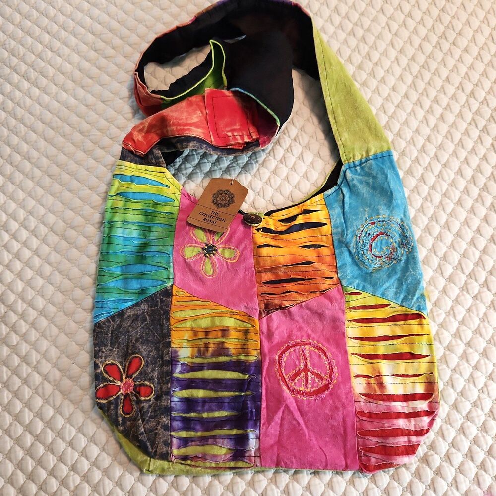 Crossbody Hobo Bag Peace Sign Flower Purse Distress Psychedelic Surfer Handmade